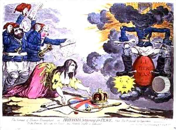 The Genius of France triumphant or Britannia petitioning for Peace Oil Painting - James Gillray