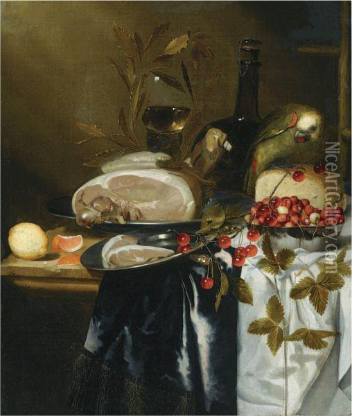 Still Life Of A Ham On A Pewter Plate, A Loaf Of Bread, Wildstrawberries In A Silver Bowl, A Roemer And A Glass Flask, A Branchof Cherries, A Lemon And A Sliced Orange, All Arranged On A Partlydraped Table, Together With A Parrot Oil Painting - Harmen Loeding