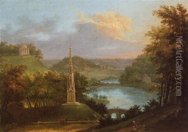 View Of The Park At Stourhead With Figures By The Monument Oil Painting - Copleston Warre Bampfylde