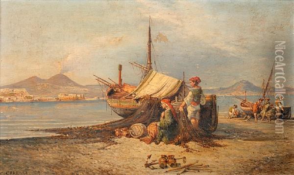 Figures Mending Nets Beside Beached Fishingboats In The Bay Of Naples Oil Painting - Conrad H.R. Carelli
