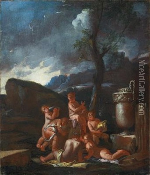 Bacchanal With Putti Oil Painting - Giulio Carpioni
