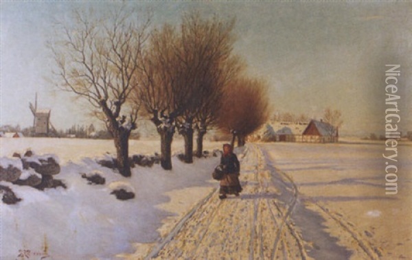 Vintermotiv Med Kvinna I Pilalle Oil Painting - Peter Adolf Persson