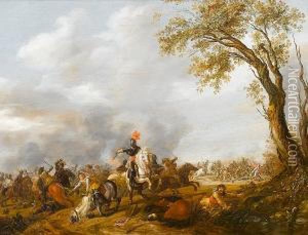 A Cavalry Skirmish With An Officer On A Rearing Horse Oil Painting - Jan the Younger Martszen