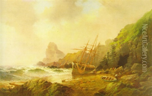 French Ship Stranded Near The Rocky Valley, Boscastle, Northcornwall Oil Painting - William Callcott Knell