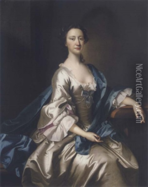 Portrait Of A Lady, Seated, Wearing A Cream Dress With A Blue Cloak, Her Left Arm Resting On A Table Oil Painting - Thomas Hudson