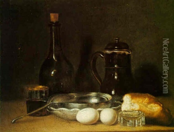 Still Life Of Two Eggs, A Ceramic Jug, A Bottle And Other Objects, All Upon A Ledge Oil Painting - Henri Horace Roland de la Porte