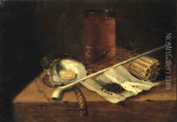 Toebackje: Beer Glass, Matches, Pipe, Oyster And Fuse On A Table Oil Painting - Gaspar (Smits, Smith) Smitz