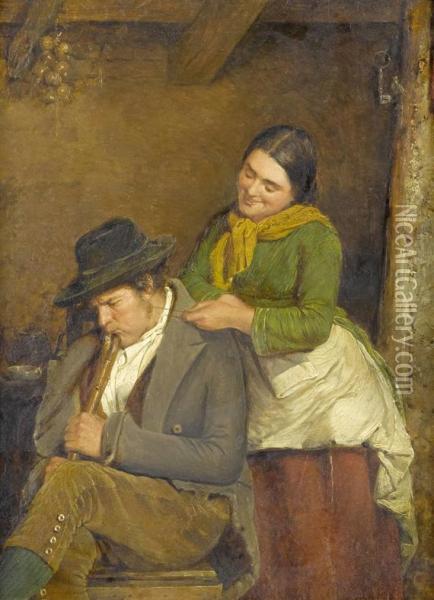 Peasant And Peasant Woman In A Sitting Room Oil Painting - Cesare Maccari
