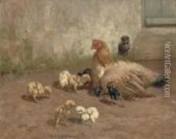 All My Own - A Hen With Her Chicks Oil Painting - William Baptiste Baird