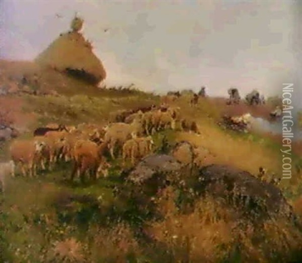 Weidende Schafe Oil Painting - Hugo Muehlig