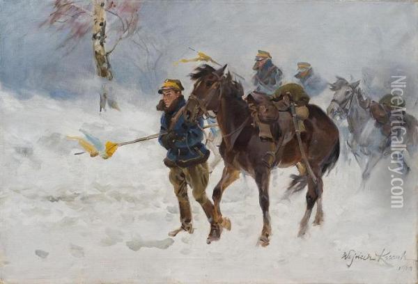 Ulan's In Snow Storm Oil Painting - Wojciech Von Kossak