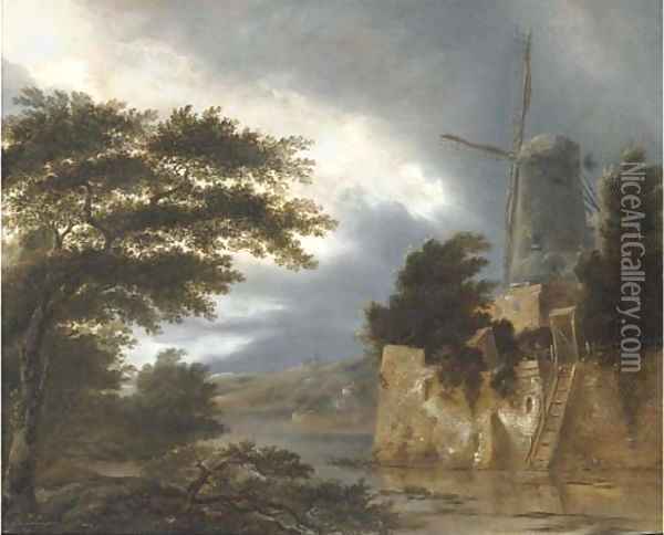 A wooded river landscape with a windmill Oil Painting - Claes Molenaar (see Molenaer)
