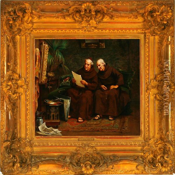 Interiorwith Two Monks Reading A Document Oil Painting - Charles Baptiste Schreiber