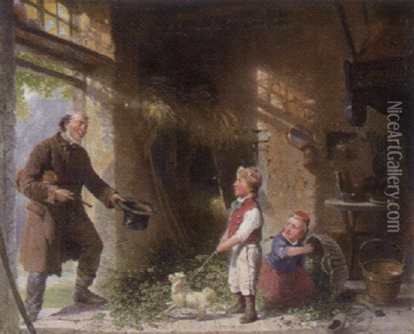 Ein Bettelmusikant Bei Spielenden Kindern Am Eingang Einer Scheune Oil Painting - Louis Toussaint