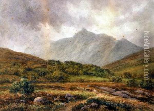 Cattle And A Drover In A Mountainous Landscape Oil Painting - Ward Heys