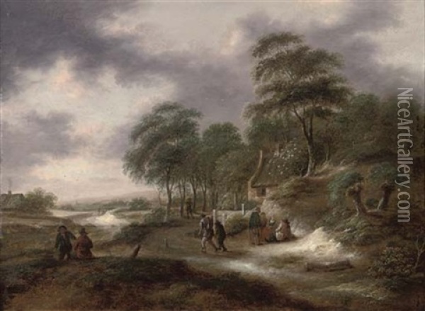 A Wooded Landscape With Figures On A Track By A House Oil Painting - Nicolaes Molenaer