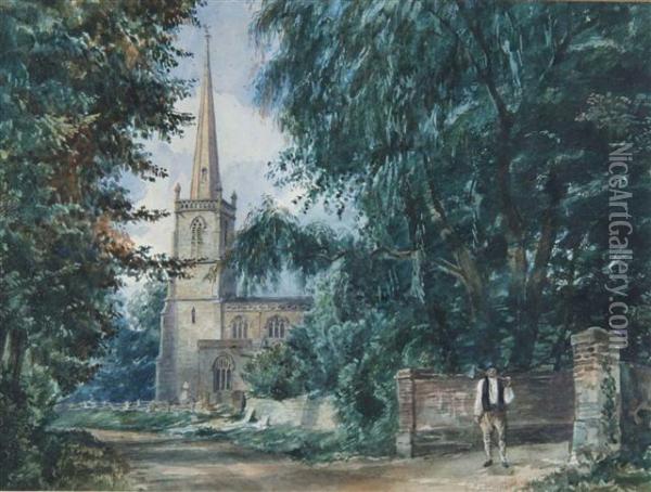 An English Country Church With Figure Of A Woodcutter Standingin The Foreground Oil Painting - George Cattermole