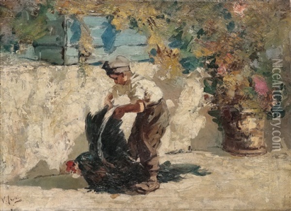Junge Mit Einem Hahn Oil Painting - Vincenzo Irolli