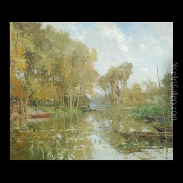 Landscape With Pond And Boats Oil Painting - Pierre Louis Leger Vauthier