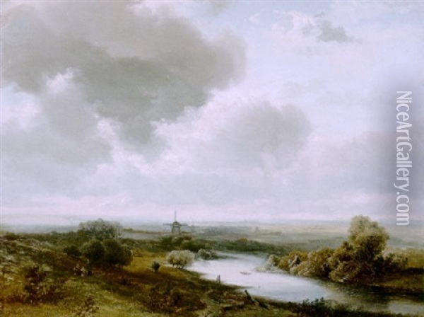A Panoramic Landscape (near Montferland?) Oil Painting - Pieter Lodewijk Francisco Kluyver