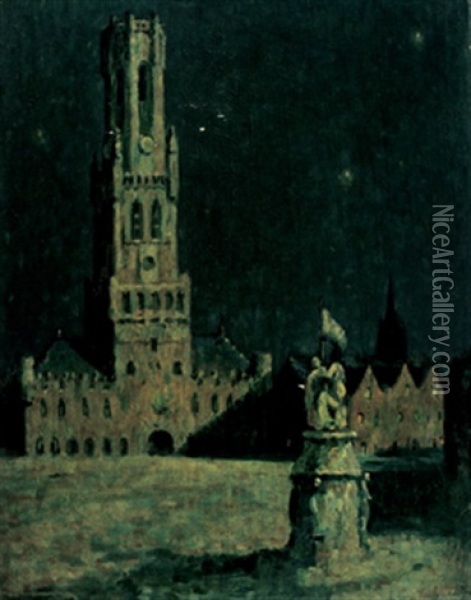 The Belfry, Bruges, By Moonlight Oil Painting - John Young Johnstone