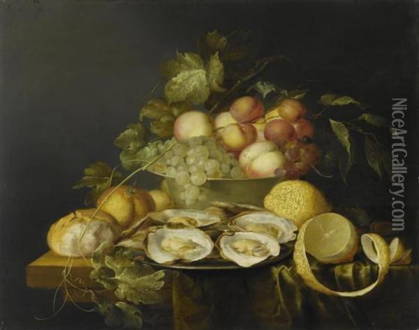 Still Life With Fruit Bowl, 
Bread, 
Oysters And Lemon On A Wooden Table. Oil Painting - Jan Davidsz De Heem