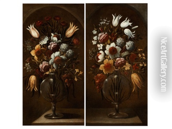 Paar Blumenstillleben In Nische Oil Painting - Ambrosius Brueghel