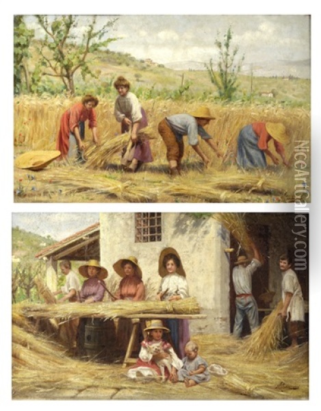 La Raccolta Del Grano (pair) Oil Painting - Giovanni Sandrucci