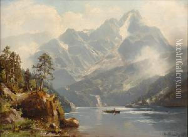 Alpine Seenlandschaft Mit Ruderbooten. Oil Painting - Karl Heinrich Schultze