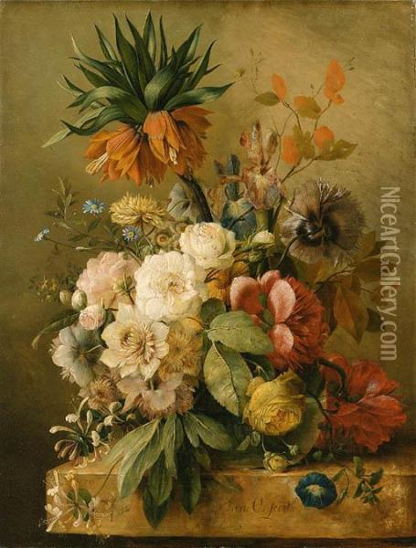 An Imperial Lily, Peonies, 
Roses, Irises, Honeysuckle, Morningglory And Poppies In A Glass Vase On A
 Stone Ledge Oil Painting - Jan van Os