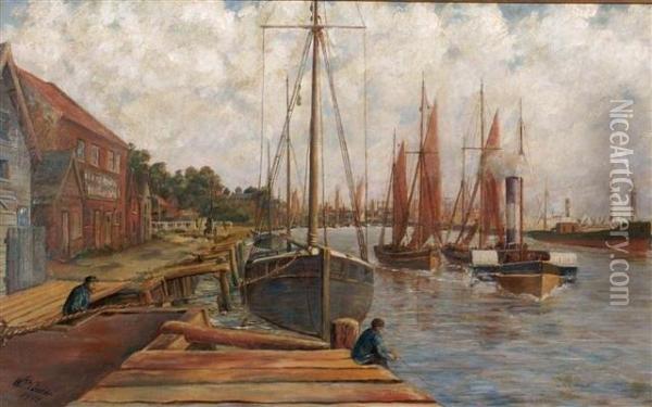 A Busy Dock Side Scene Oil Painting - Nathan Cooper Branwhite