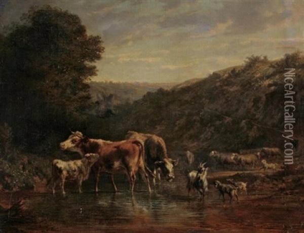Kuhe, Ziegen Und Schafe Am Wasser Oil Painting - Charles (Jean-Ch. Ferdinand) Humbert