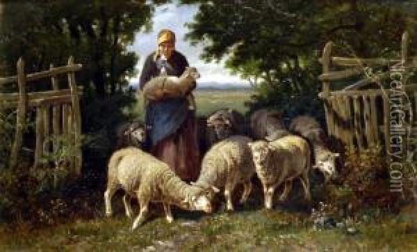 Shepherdess With Sheep And Lambs Oil Painting - Charles Ferdinand Ceramano