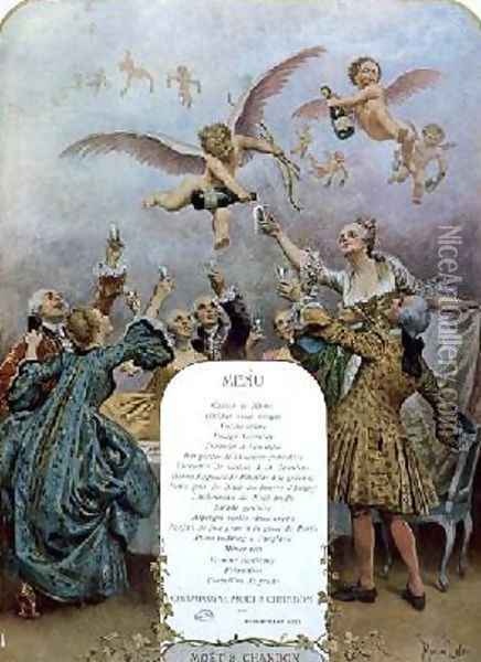 Ritz Restaurant menu depicting a group of elegant 18th century men and women drinking champagne served by cherubs Oil Painting - Maurice Leloir
