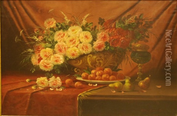 Composition Aux Roses Et Aux Fruits Sur Entablement Oil Painting - Max Carlier
