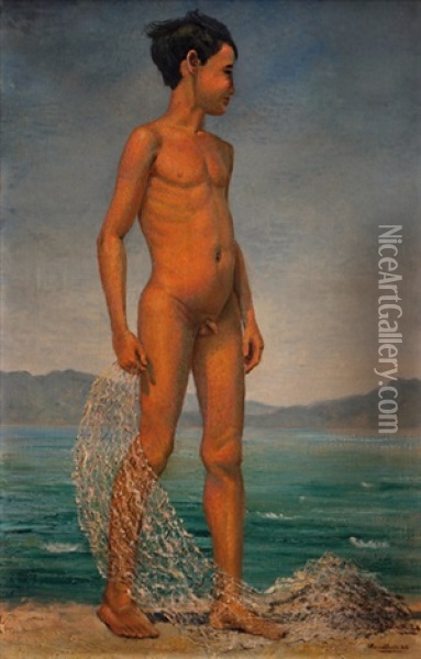 Nino Pescador Desnudo En La Playa Oil Painting - Emilio Rosenblueth