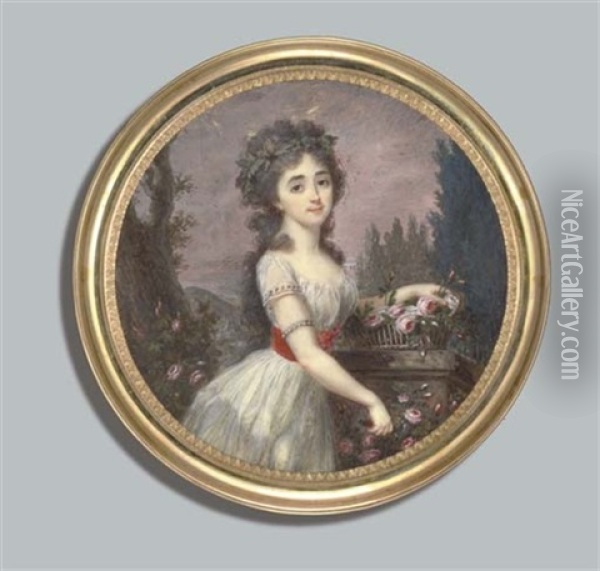 A Young Lady, Holding A Small Wooden Handled Scythe And Cutting Roses In Her Right Hand Oil Painting - Augustin Dubourg