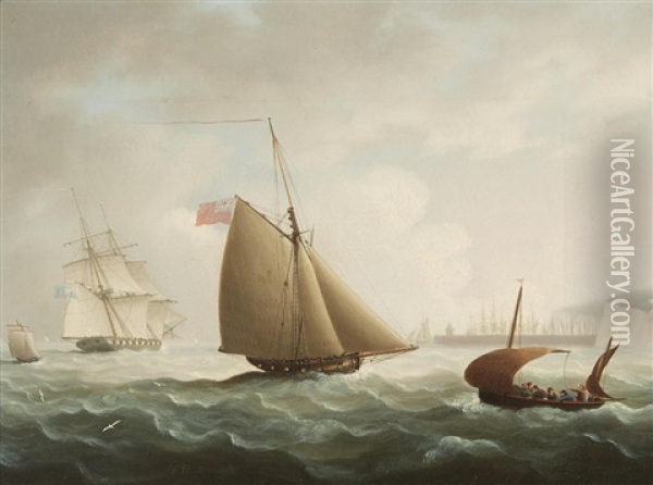 A Naval Cutter, Brig And Lugger Off The Coast Oil Painting - Thomas Buttersworth