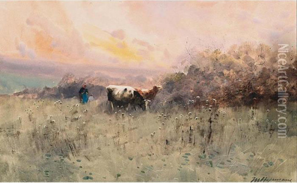 A Peasant Woman With Her Cattle In An Evening Landscape Oil Painting - Maurice Hagemans