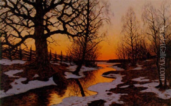 Vinterlandskap I Skymning Oil Painting - Edvard Rosenberg