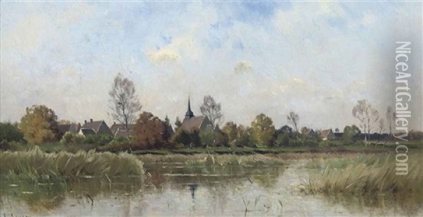 A Village On The River Oil Painting - Adrien Jacques Sauzay