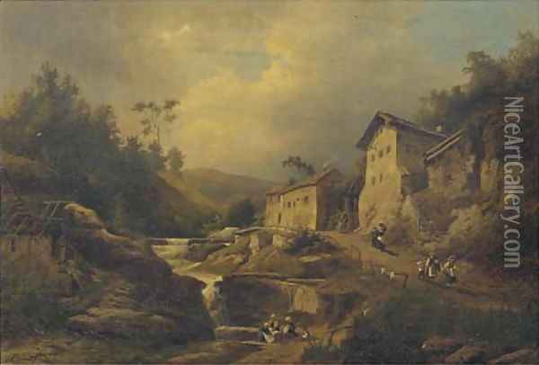 Mosellandschaft villagers by a stream near Trier, Germany Oil Painting - Emil Von Ernst
