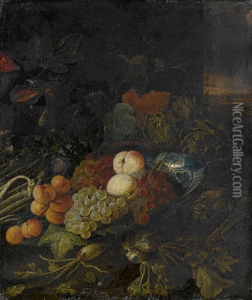 A Dish With Peaches, Grapes And Apricots, With Artichokes, Asparagus And Figs On A Table-top Oil Painting - Philips Gijsels