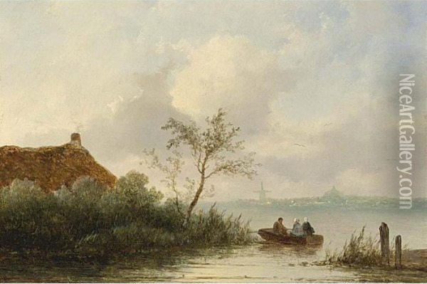 Figures On A Lake In A Rowing Boat, A Town In The Distance Oil Painting - Johannes Franciscus Hoppenbrouwers