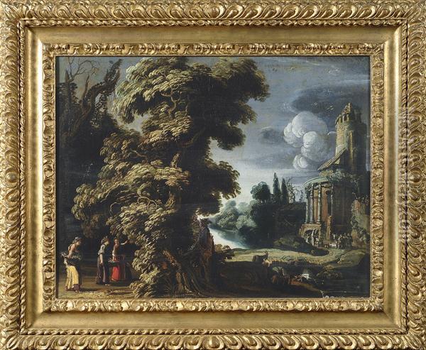 Paesaggio Con Architetture E Storia Di Mercurio E Erse Oil Painting - Jacob Pynas