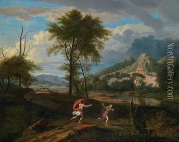 Apollo Und Daphne In Einer Hugeligen Landschaft Bzw Oil Painting - Johannes (Polidoro) Glauber