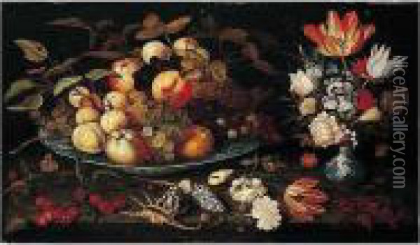 A Still Life Of Apples, Grapes, 
And Peaches In A Blue-and-white Porcelain Bowl, A Bouquet Of Tulips, 
Roses, Irises, Lily-of-the-valley And Other Flowers In A Blue-and-white 
Porcelain Vase, Both On A Stone Ledge Covered With Flowers, Shells, 
Cherri Oil Painting - Balthasar Van Der Ast