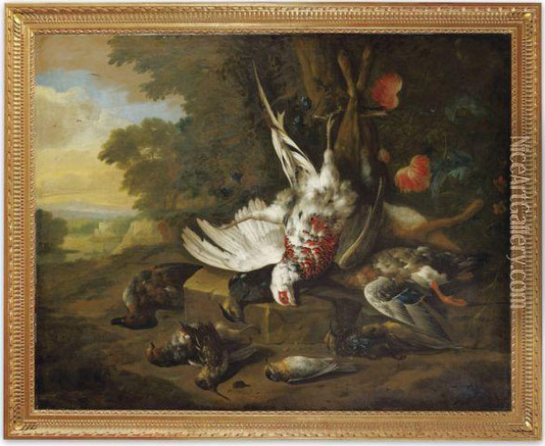 Still Life Of Dead Game In A Landscape Oil Painting - Jan Weenix