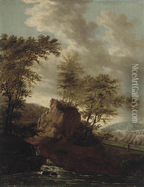 A Rocky River Landscape With Travellers On A Track Oil Painting - Guillam de Vos