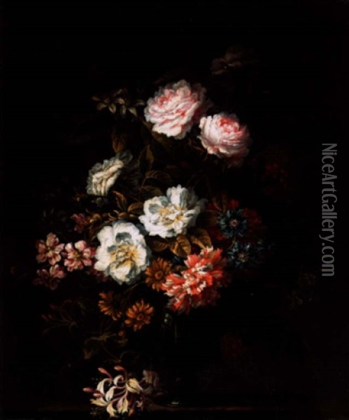 Carnations, Roses And Peonies With Other Flowers In A Glass Set On A Stone Ledge Oil Painting - Jean-Baptiste Monnoyer